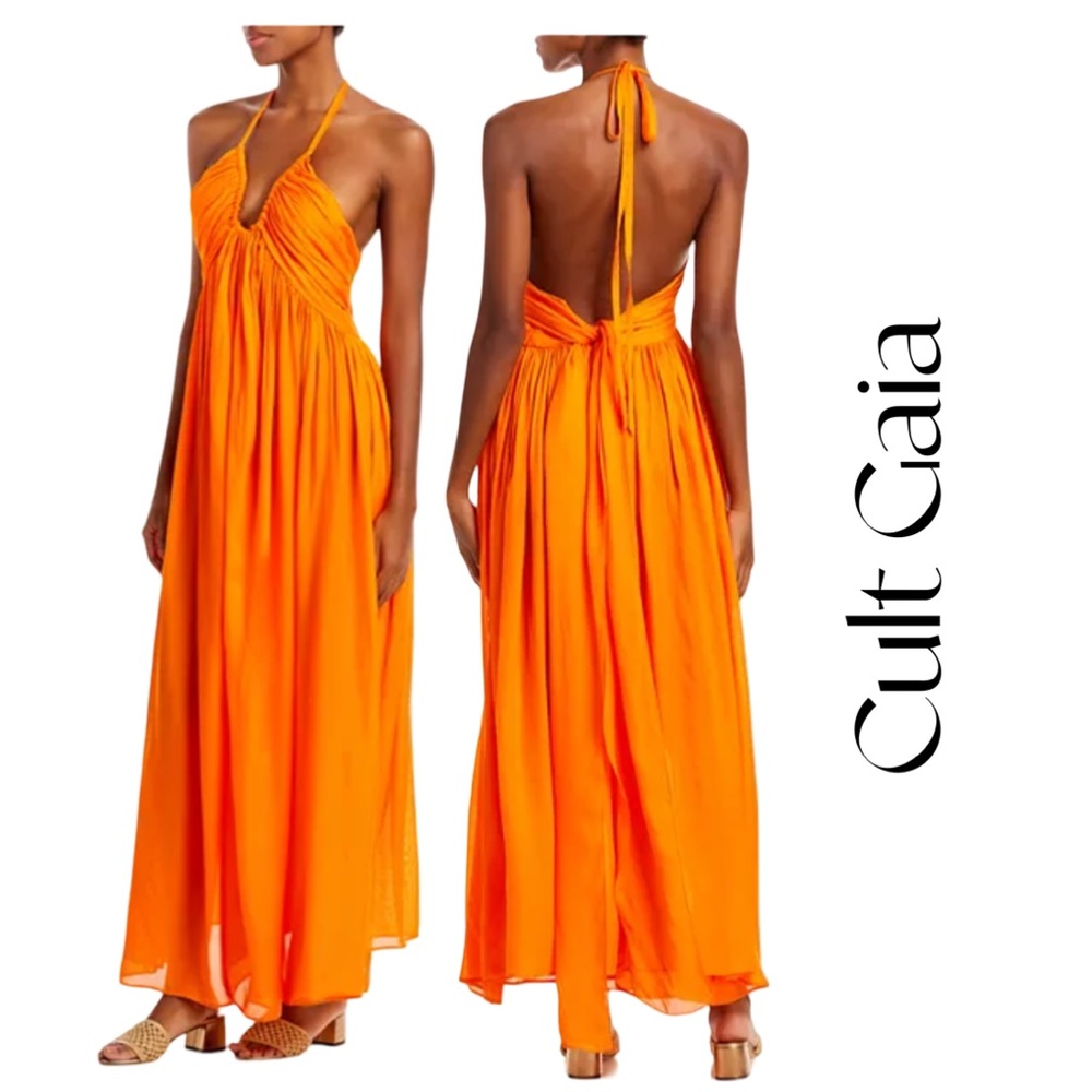 cult gaia Orange Backless Halter Maxi Dress